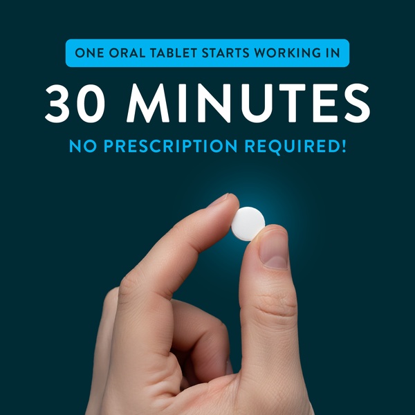 This ad creative uses a clean, high-contrast design to highlight the rapid efficacy of an oral tablet with a clear, benefit-driven headline.